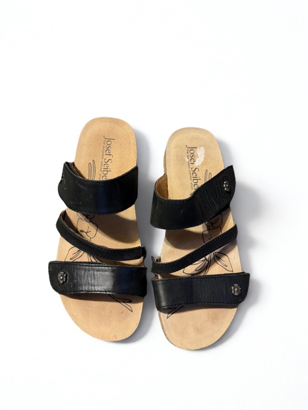 Josef Seibel Black Leather Triple-Strap Slide Sandals